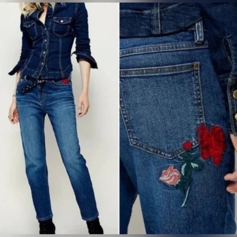 Free People Jeans Women's Size 24 Four Seasons Embroidered Rose Floral Denim